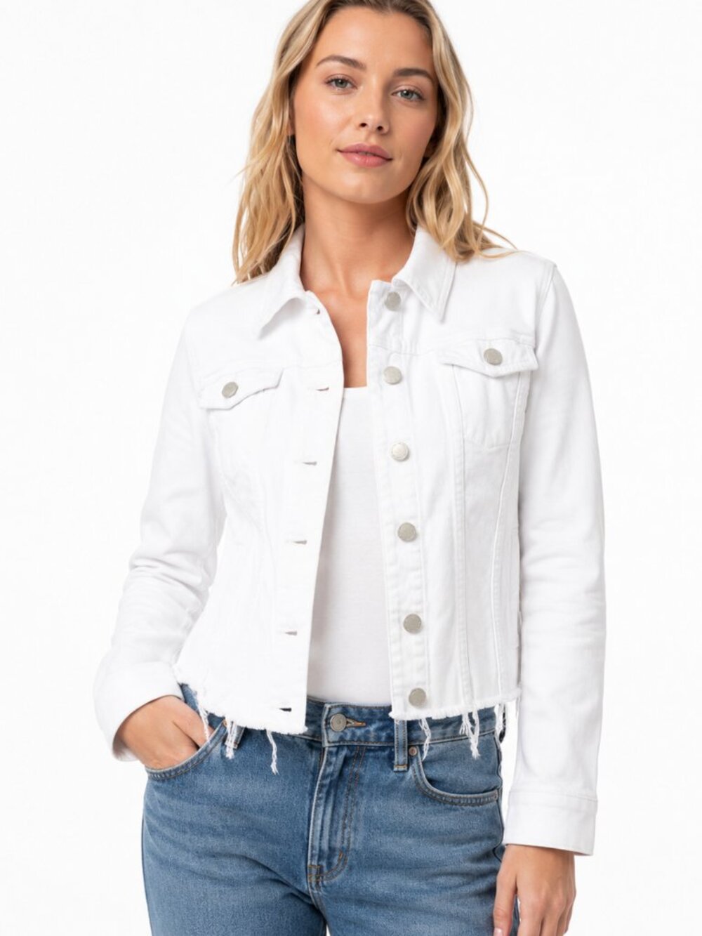 [BLANKNYC] White Distressed Frayed Denim Jacket XS
